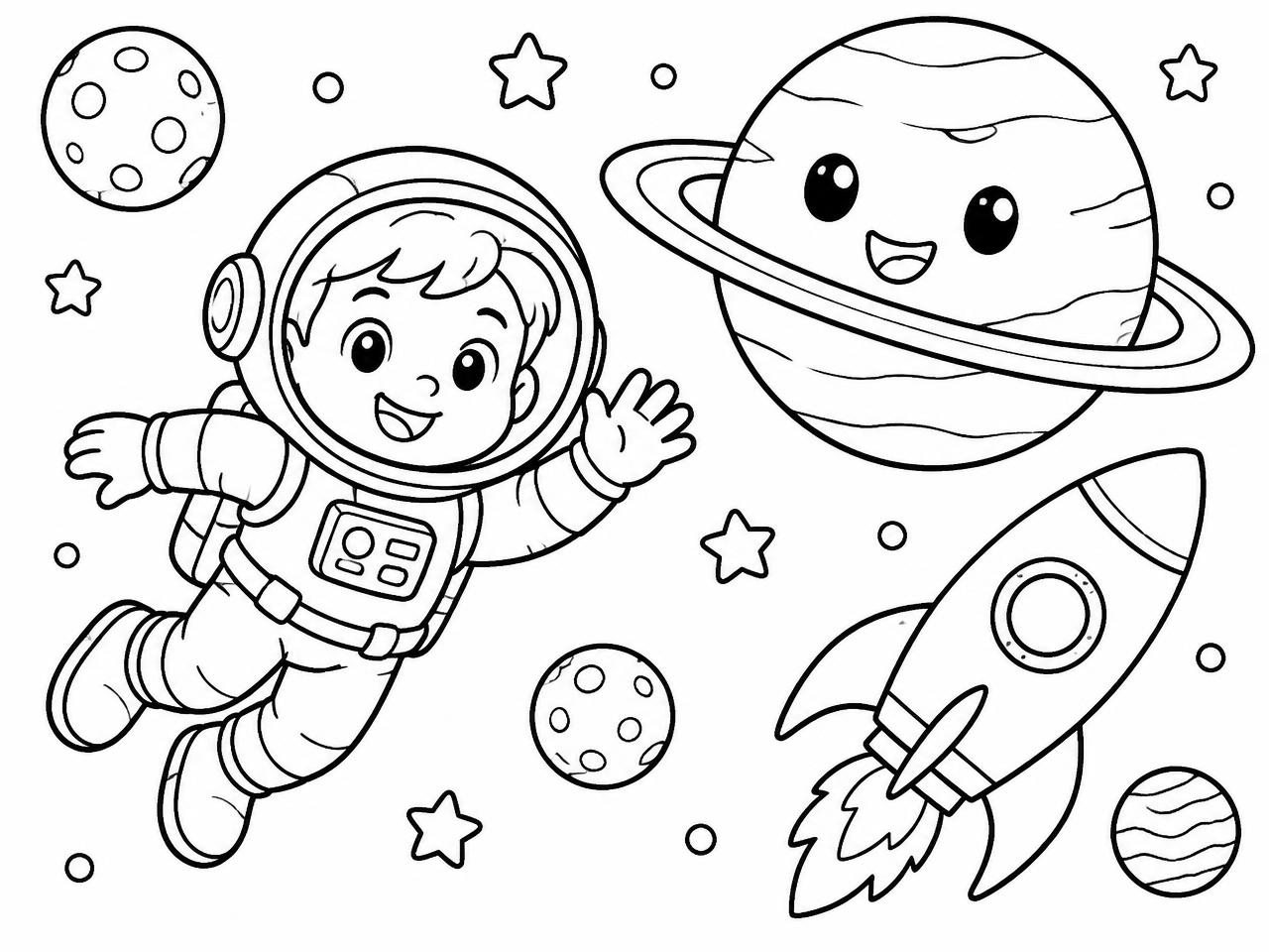 Black and white coloring page of a child astronaut in space