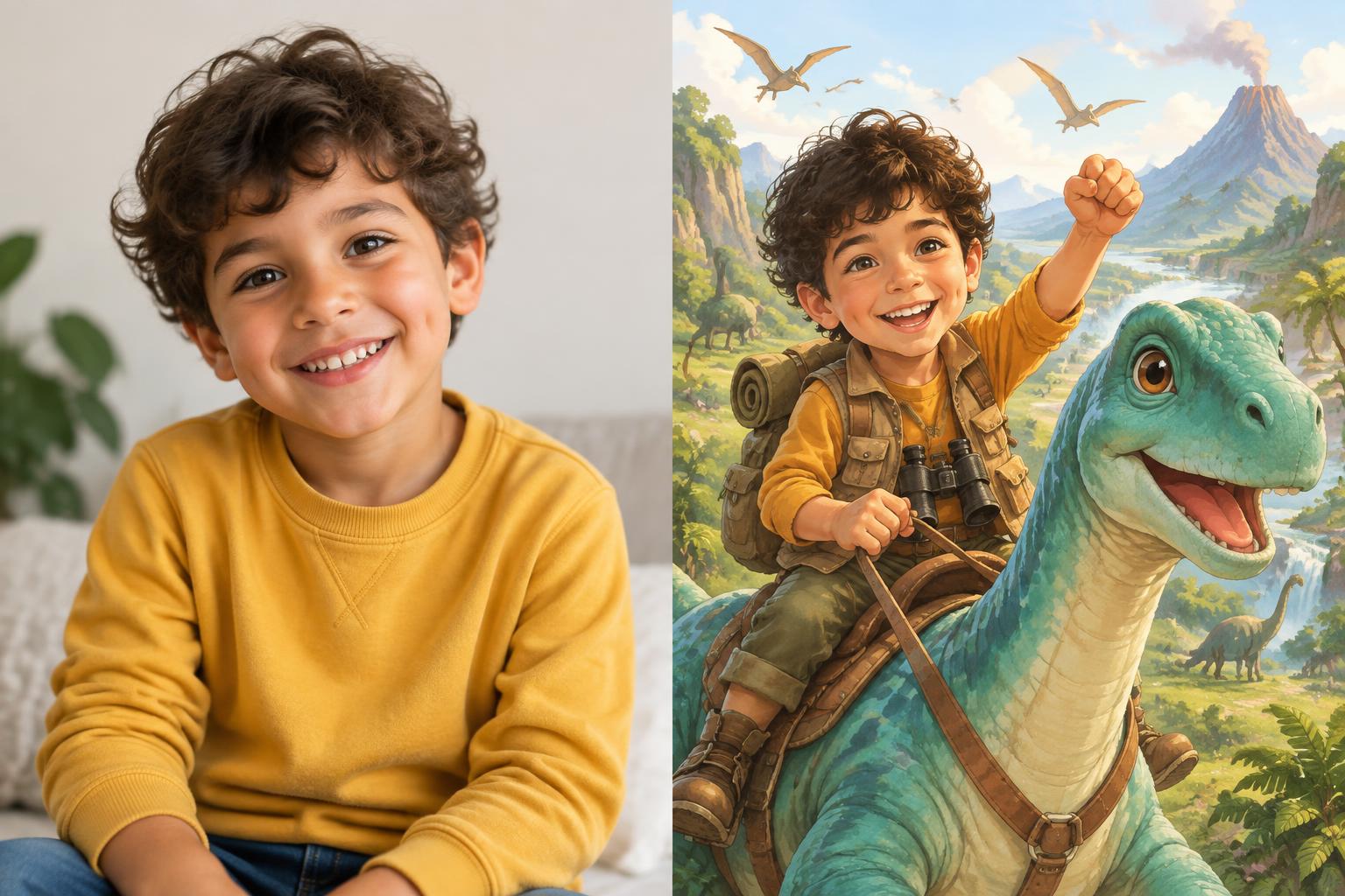A curly-haired boy beside an illustration of himself riding a dinosaur in his storybook