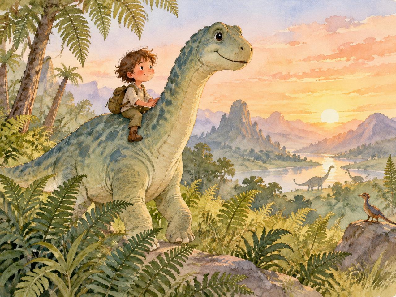Watercolour storybook page of a child riding a friendly dinosaur